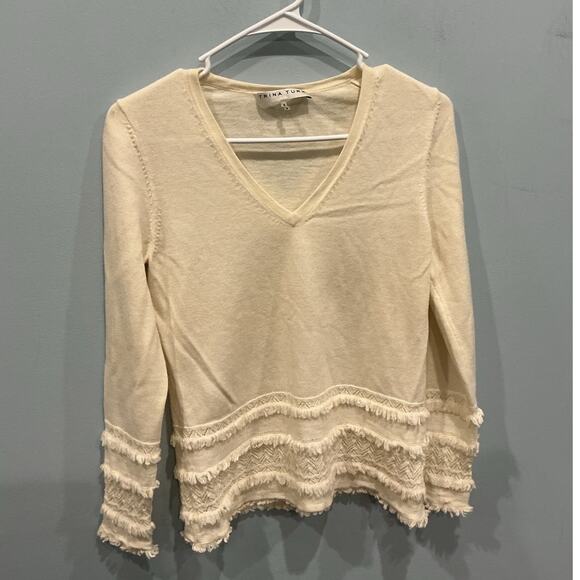Trina Turk Womens V-Neck Merino Wool Sweater Size S Off White Fringe Resort Boho - Picture 1 of 7